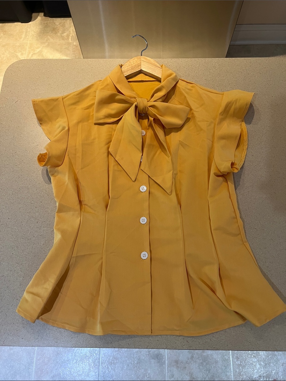 Yellow Tie-Neck Cap Sleeve Blouse